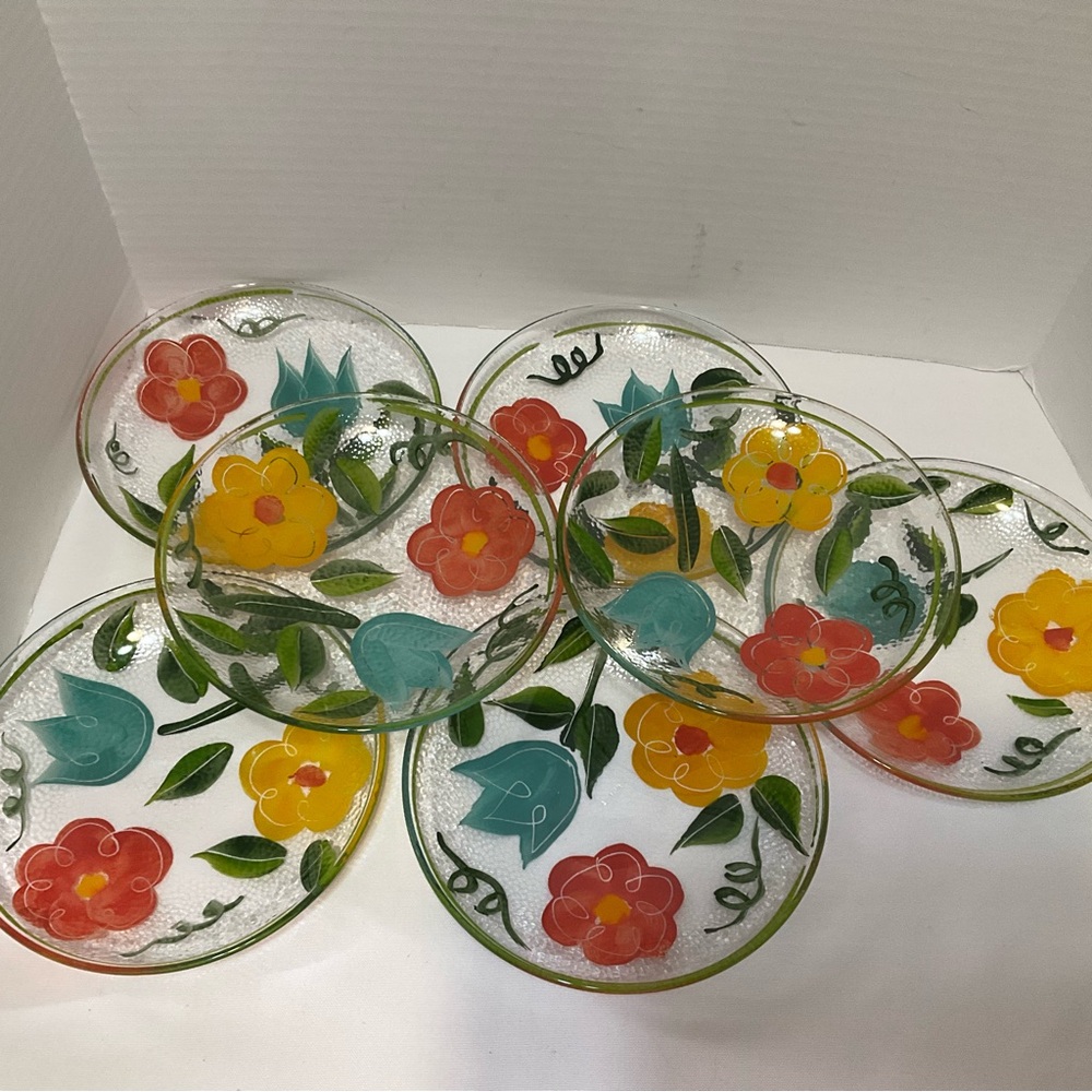 Vintage Reverse Hand-Painted Flowers Textured Glass Plate Made in Italy 8 Inch - Picture 2 of 6